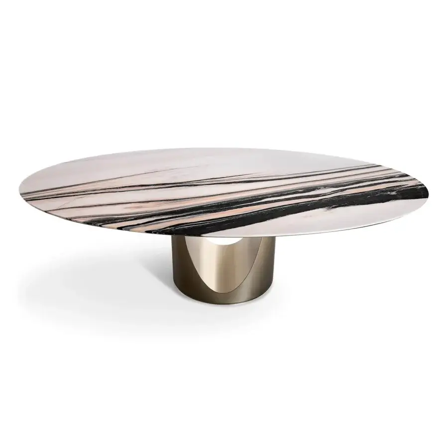 Elegant Visionnaire Cameron table with polished marble base, stainless steel interior, and bronze accent with dramatic veined marble tabletop