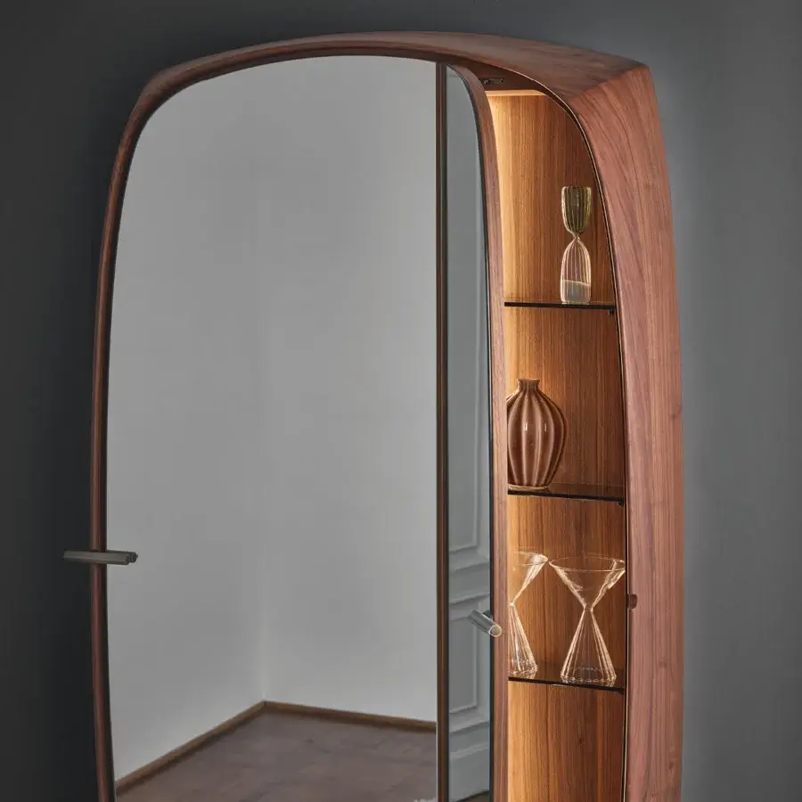 Superior Porada Vico mirror crafted in Canaletta walnut with satin finish and smoked glass shelving illuminated by integrated LED lighting