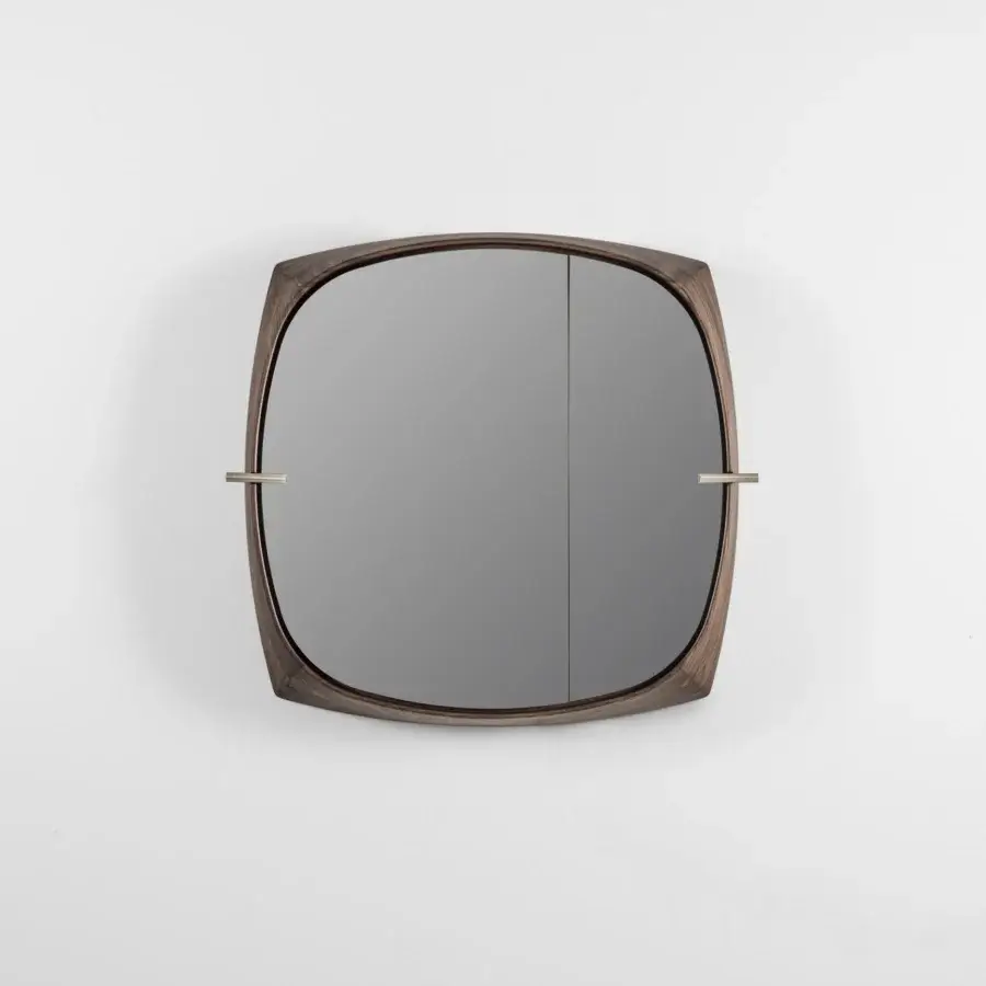Elegant Porada Vico mirror crafted in Canaletta walnut with satin finish, offering storage behind Cuoietto Sabbia leather doors