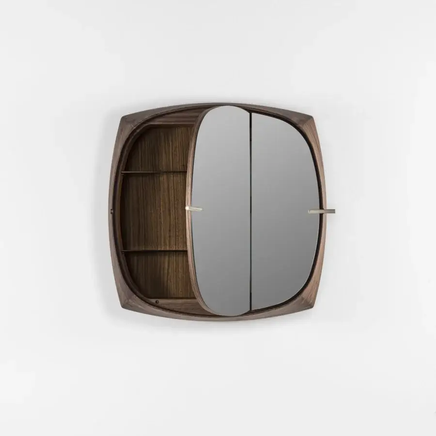 Superior Porada Vico mirror crafted in Canaletta walnut with satin finish, showcasing mirrored doors and Champagne metal handles upholstered in Cuoietto Sabbia leather