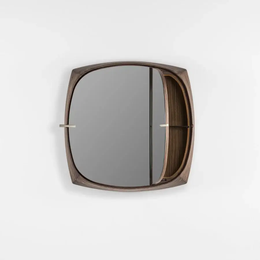 Distinguished Porada Vico mirror crafted in Canaletta walnut with satin finish, revealing smoked glass shelves and Cuoietto Sabbia leather handles