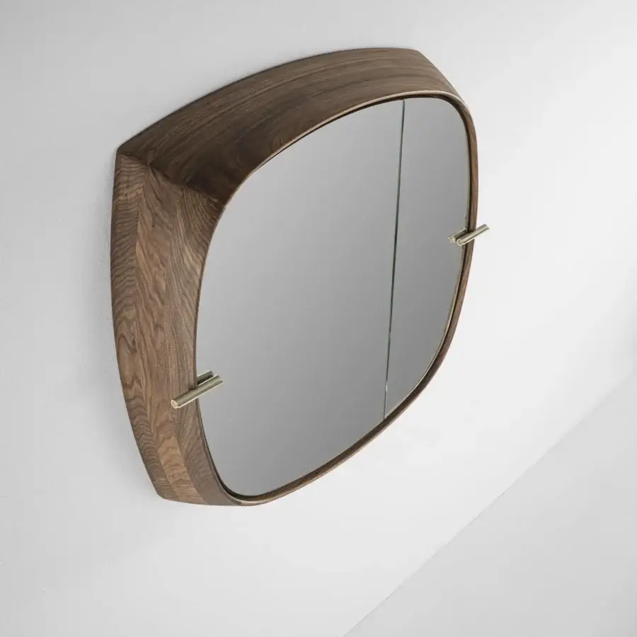 Lavish Porada Vico mirror crafted in Canaletta walnut with satin finish, integrating smoked glass shelves and Cuoietto Sabbia leather details