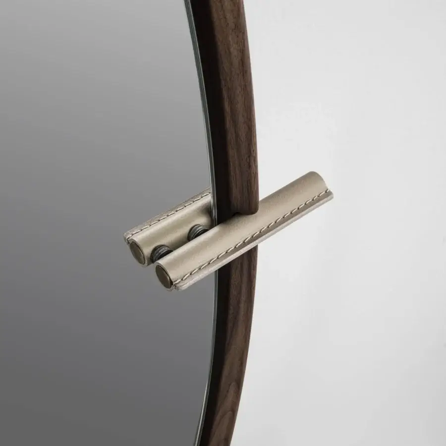 Superior Porada Vico mirror crafted in Canaletta walnut with satin finish, revealing smoked glass shelves and Cuoietto Sabbia leather handles
