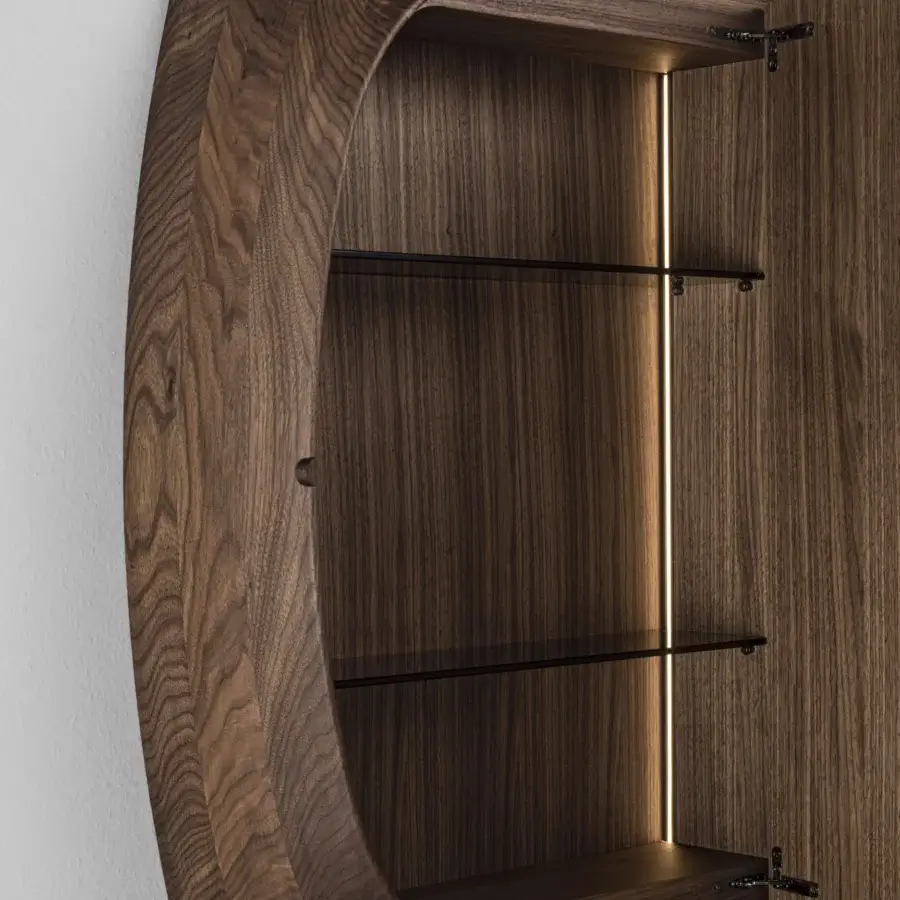 Distinguished Porada Vico mirror crafted in Canaletta walnut with satin finish, showcasing asymmetrical doors and smoked glass shelves with integrated lighting