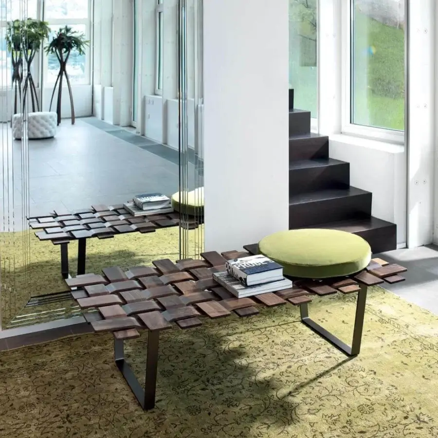 Superior Porada Belt bench with woven solid canaletto walnut and refined grey pewter metal base, topped with green Extra Leather cushion