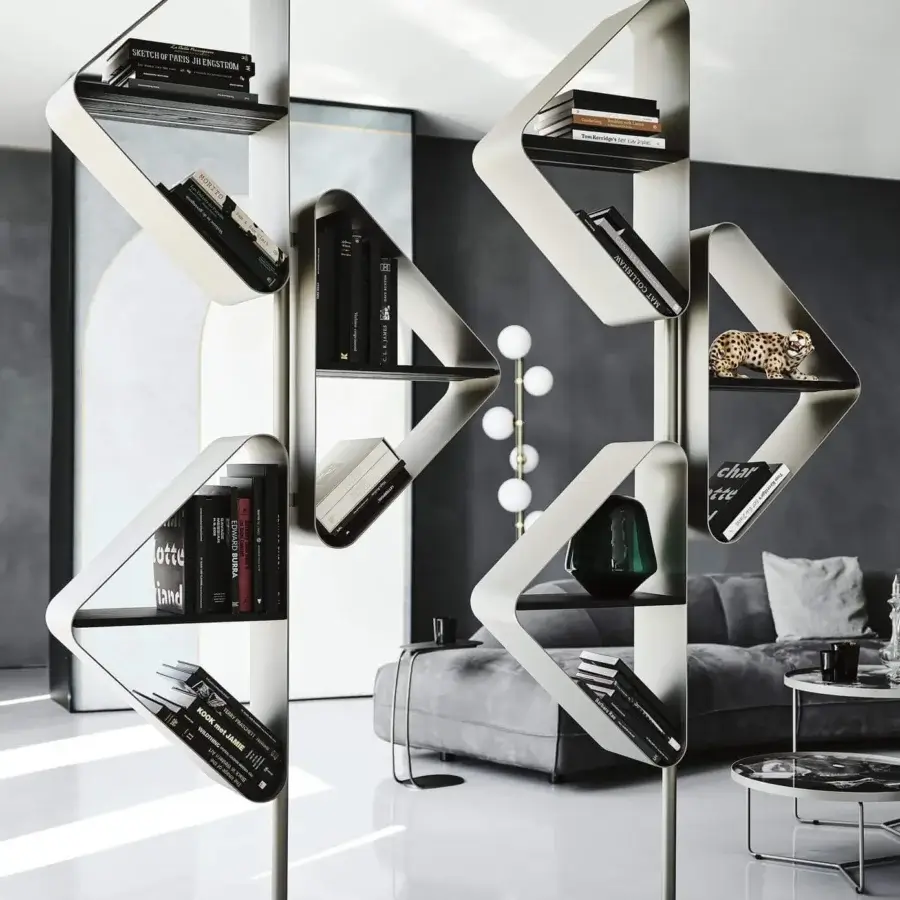 Superior Cattelan Italia Spinnaker bookcase with triangular shelves in Elm open pore black wood and titanium embossed lacquered steel structure