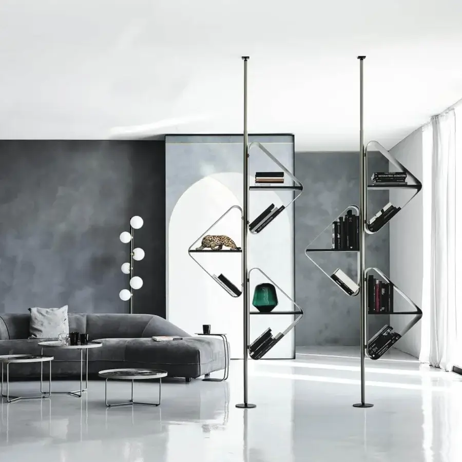 Distinguished Cattelan Italia Spinnaker bookcase with titanium embossed steel framework and Elm open pore black wood shelves