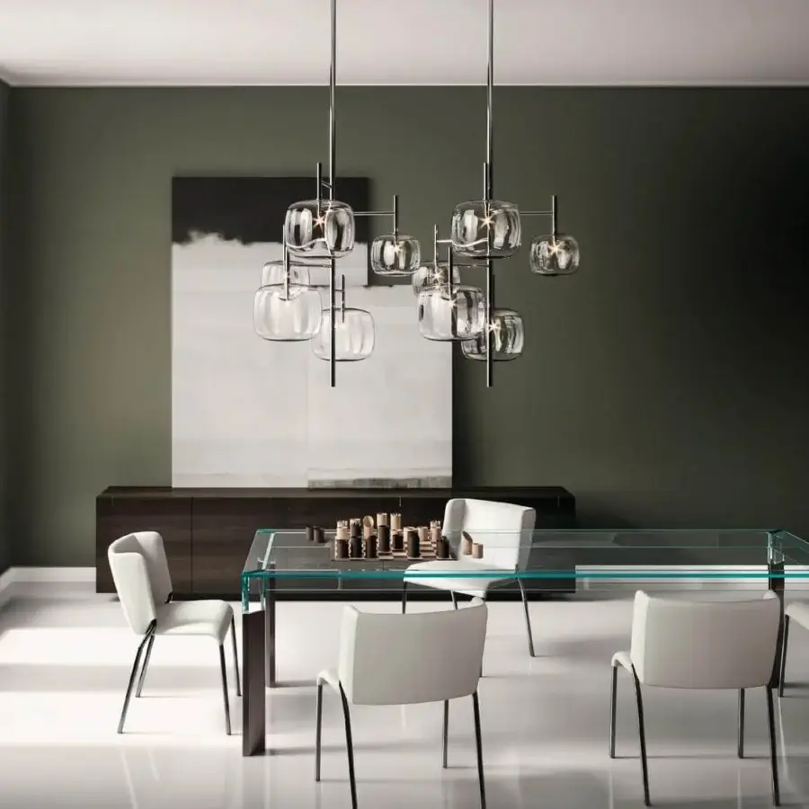 Exclusive Tonelli Design Hyperion suspension lamp with transparent blown pyrex glass diffuser and polished silver-toned metallic structure