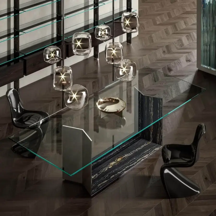 Superior Tonelli Design Hyperion suspension lamp with transparent blown pyrex glass and refined gunmetal metallic structure