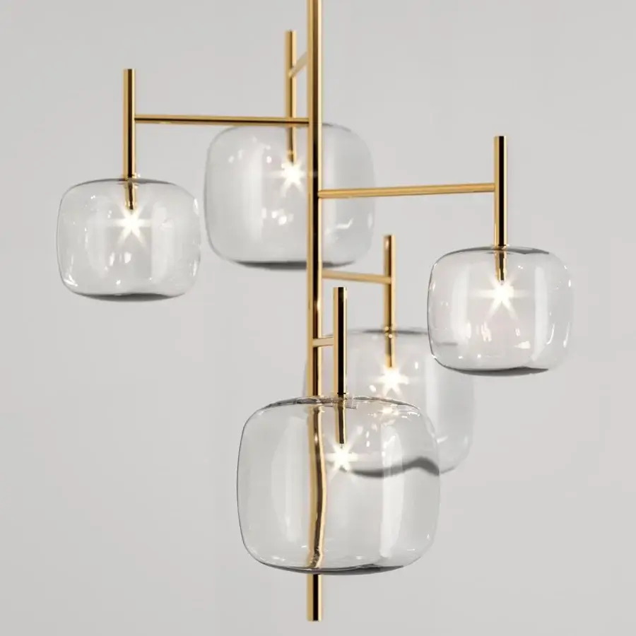 Distinguished Tonelli Design Hyperion suspension lamp in transparent blown pyrex glass with glossy gold metallic structure
