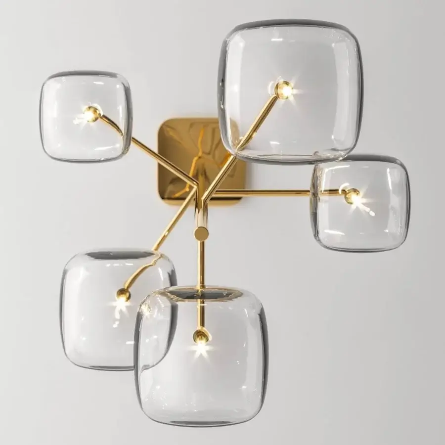Captivating Tonelli Design Hyperion suspension lamp in transparent blown pyrex glass with a gleaming gold metallic structure