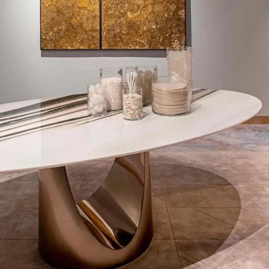 Luxury Visionnaire Cameron table built in steel with bronze tone and glossy marble top