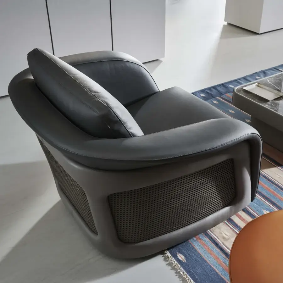 Superior Mascheroni Bellini Harry lounge chair with dark gray leather and Vienna straw detailing crafted in Italy