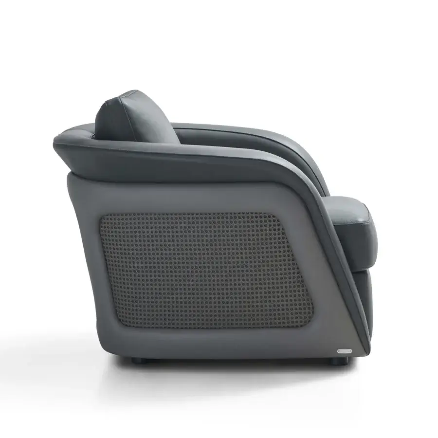 Distinguished Mascheroni Bellini Harry lounge chair in medium gray with perforated leather and Vienna straw detailing crafted for comfort