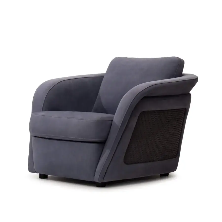 Distinguished Mascheroni Bellini Harry lounge chair crafted in muted gray with perforated Vienna straw detailing and smooth external cover