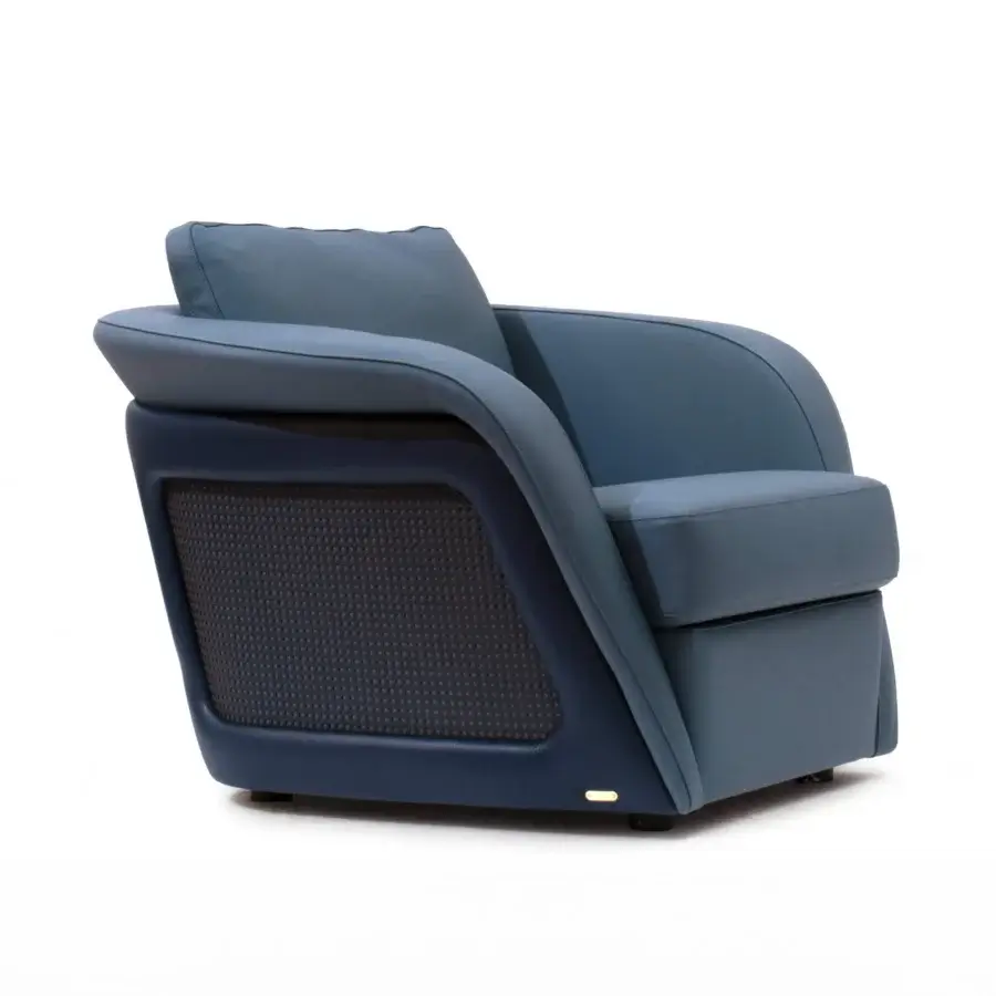 Sophisticated Mascheroni Bellini Harry lounge chair with smooth blue leather and striking Vienna straw detailing