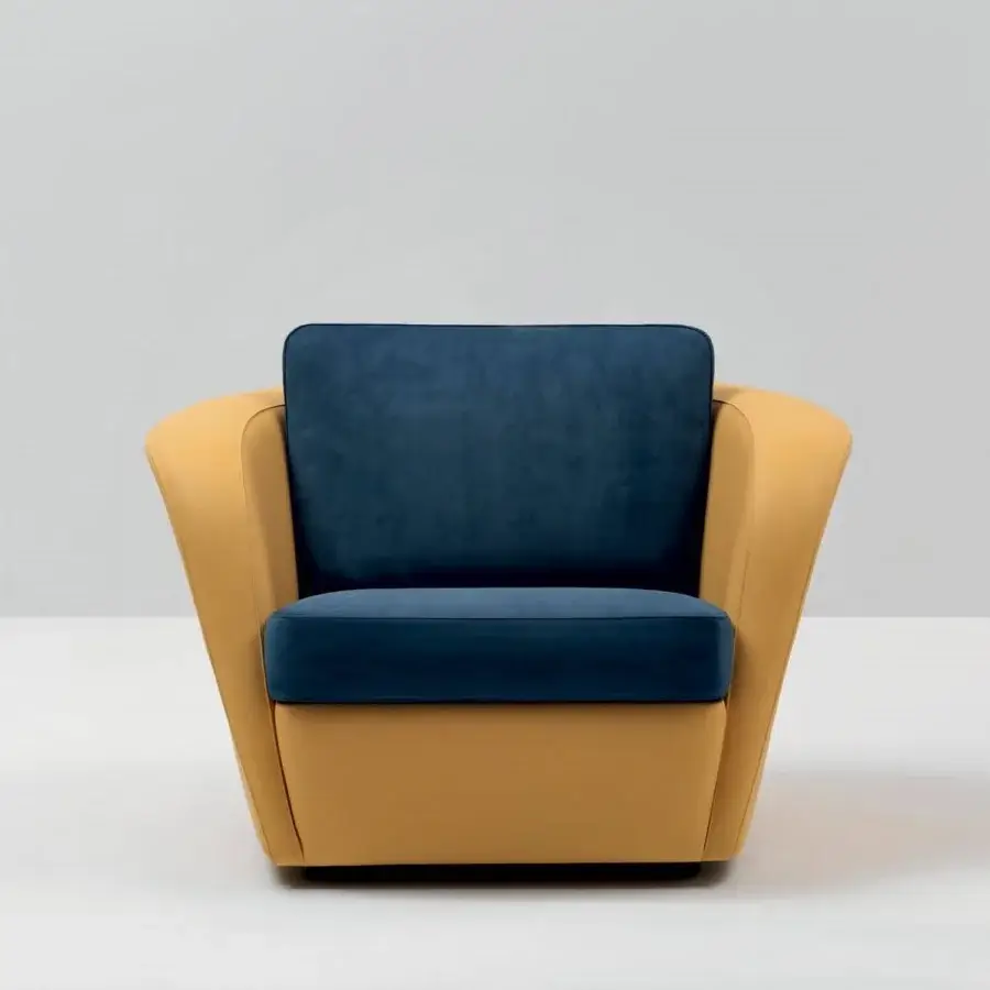 Lavish Mascheroni Bellini Harry lounge chair in deep blue matte textile with golden-yellow Vienna straw crafted perforated leather shell