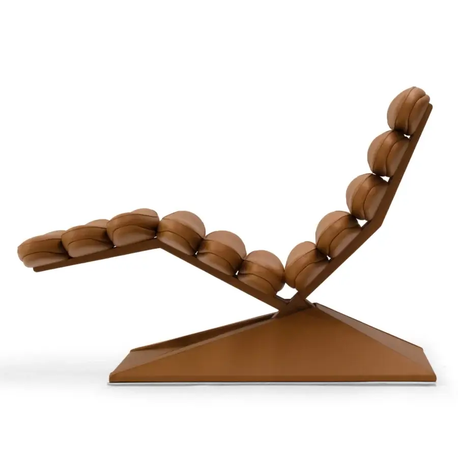Lavish Mascheroni Concorde lounge chair with medium-brown leather upholstery and electric reclining mechanism built with steel and birch shaped wood