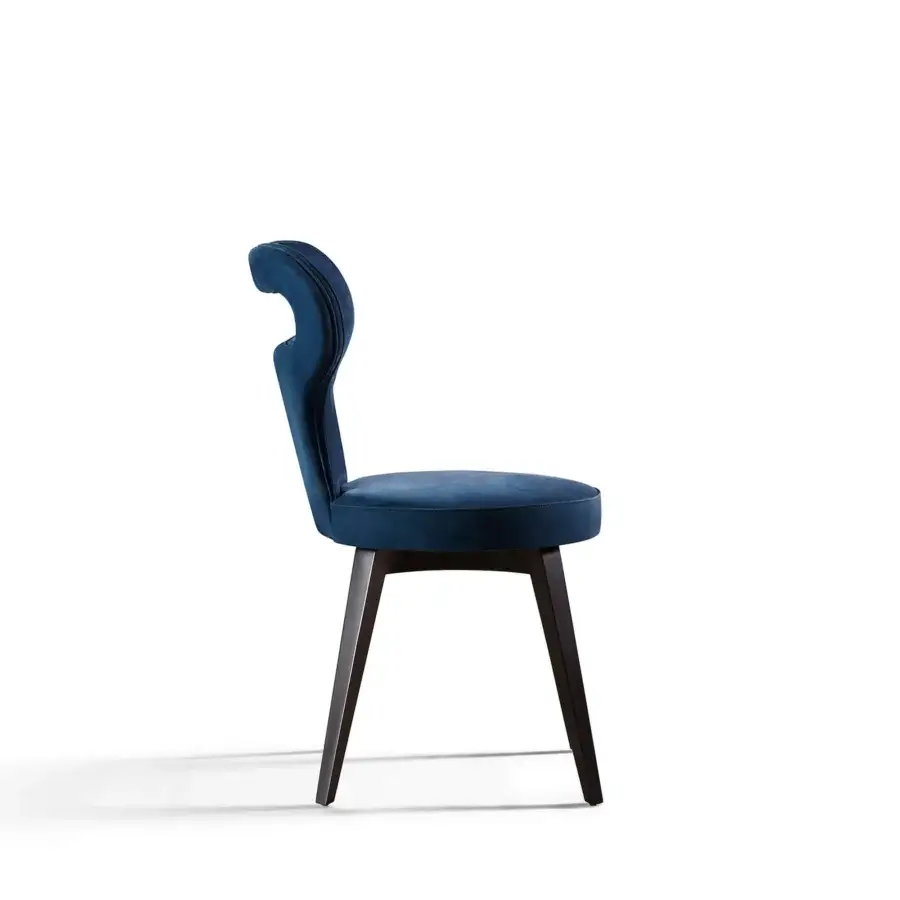 Distinguished Mascheroni Polo Base chair upholstered in deep blue velvet with a dark-toned wood base crafted from all-natural ox leather