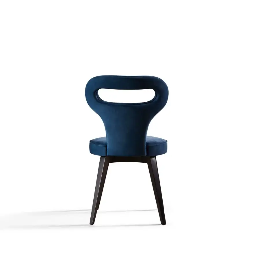Superior Mascheroni Polo Base chair upholstered in deep blue velvet with a dark-toned wood base and organically curved silhouette