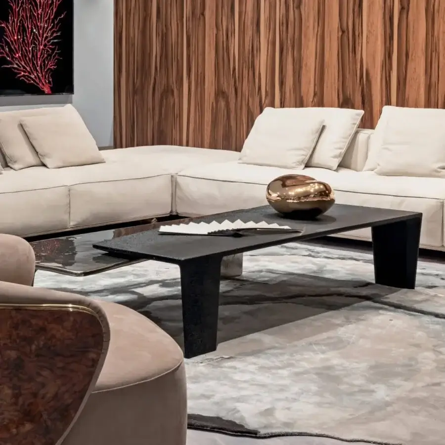 Distinguished Visionnaire Lego coffee table crafted with interlocking black concrete and cast aluminum volumes, exhibiting a glossy finish