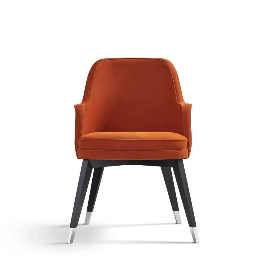 Superior Mascheroni Gemma Base armchair in reddish-orange textured velvet with dark-stained hardwood and polished metal accents