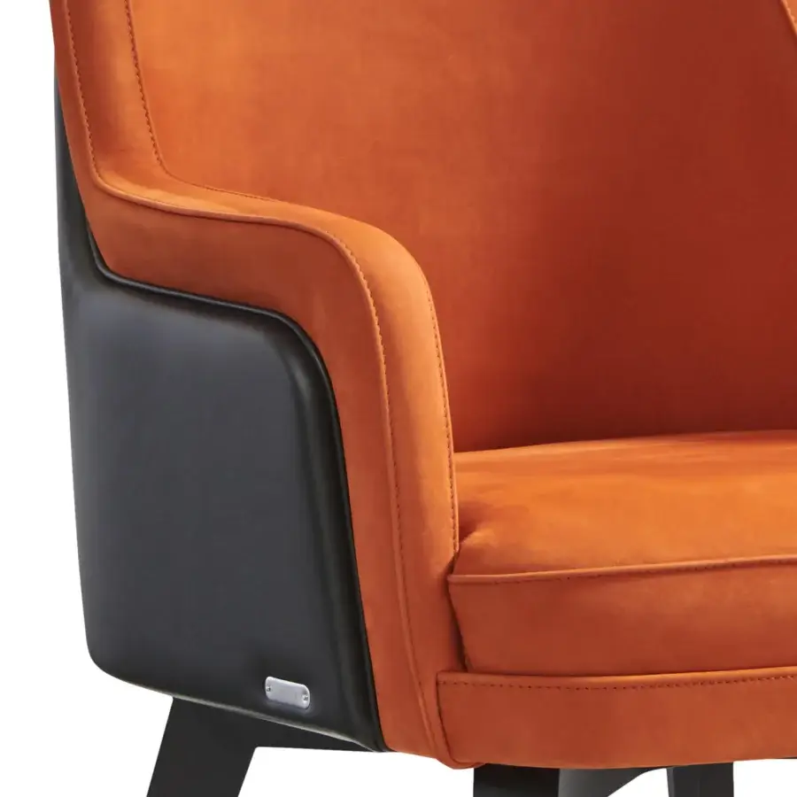 Elegant Mascheroni Gemma Base armchair upholstered in plush matte textile with orange and dark gray panels