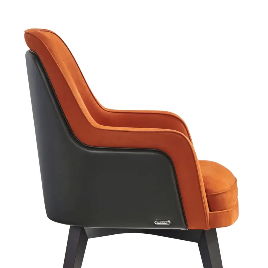 Distinguished Mascheroni Gemma Base armchair upholstered in textured textile with reddish-orange and dark gray accents with satin-finish wood base