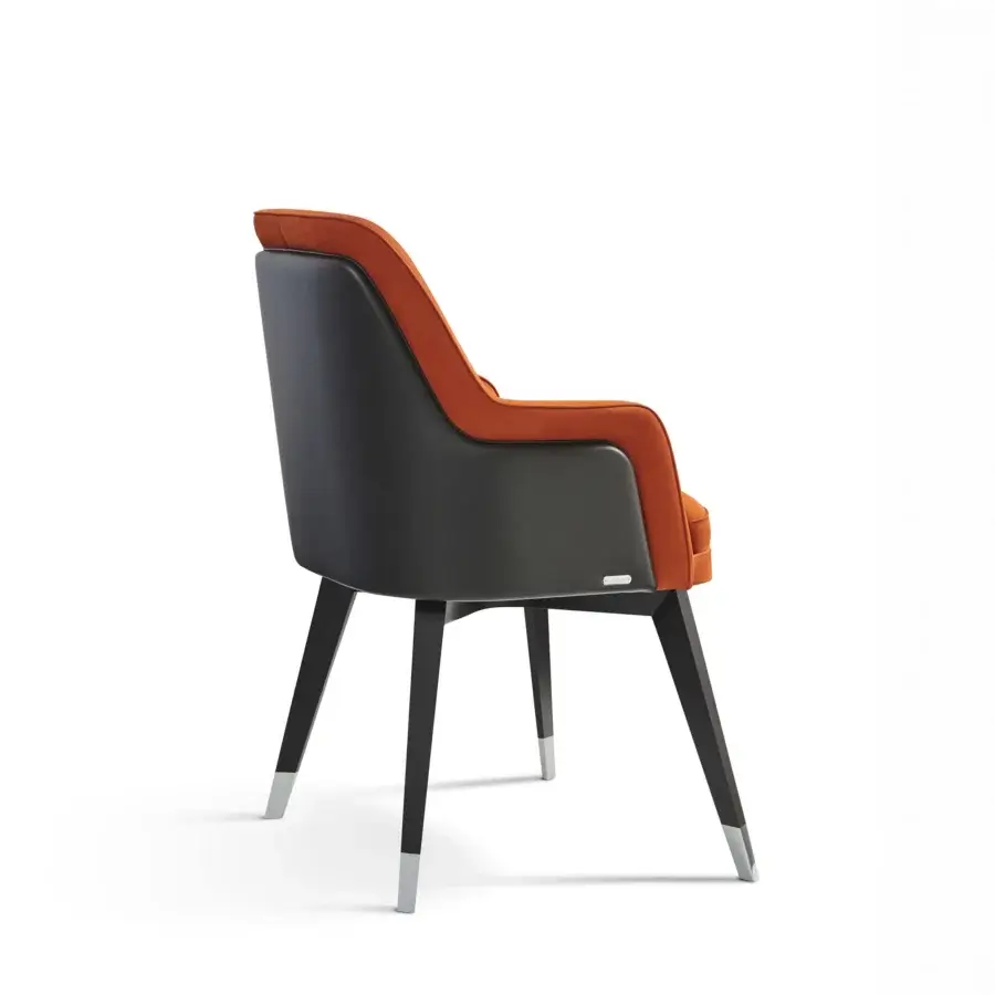 Superior Mascheroni Gemma Base armchair upholstered in textured reddish-orange velvet with dark gray detailing and satin-finish wood base