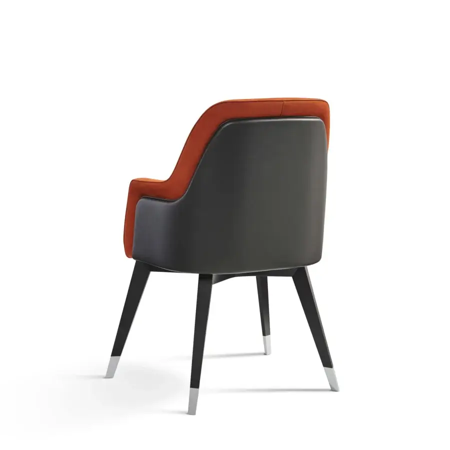 Captivating Mascheroni Gemma Base armchair with dark gray textile and reddish-brown velvet upholstery supported by dark wood with silver caps