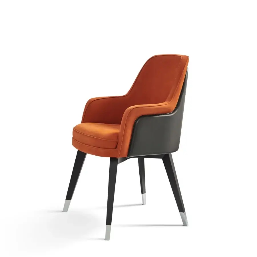 Elegant Mascheroni Gemma Base armchair upholstered in textured burnt orange and dark gray textile with dark-stained hardwood and silver accents