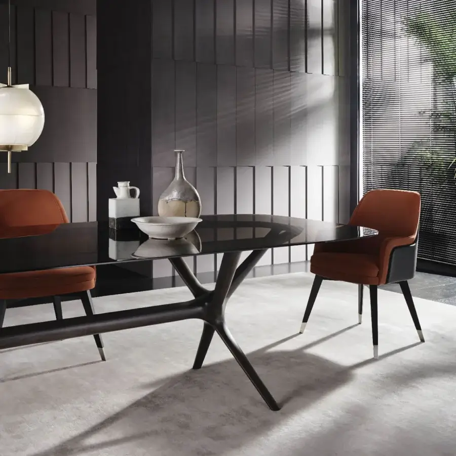 Superior Mascheroni Gemma Base armchair upholstered in reddish-brown textile with a satin-finish dark wood frame