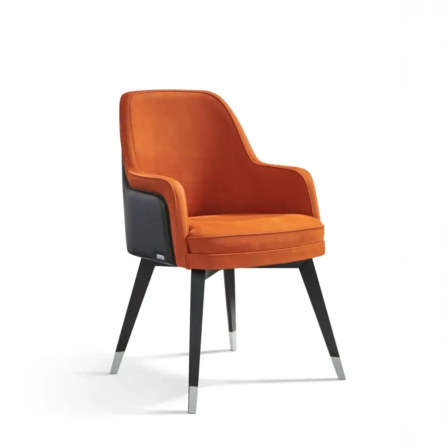 Exceptional Mascheroni Gemma Base armchair upholstered in plush burnt orange textile with dark accents and matte finish