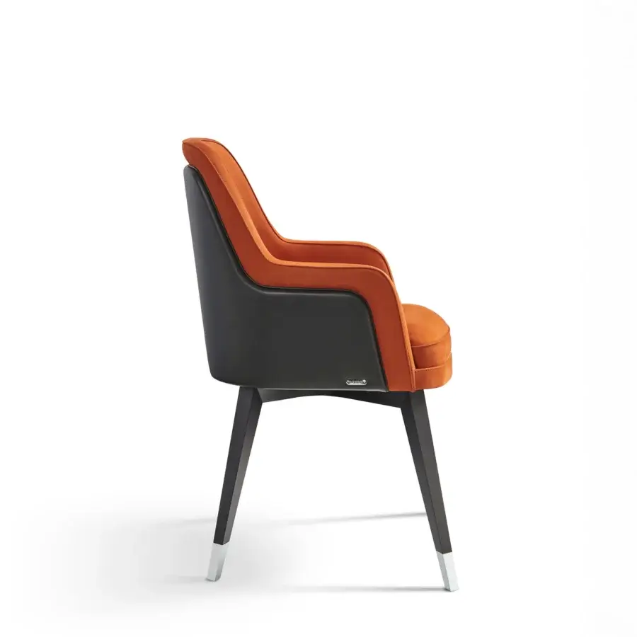 Distinguished Mascheroni Gemma Base armchair in plush reddish-orange textile with dark leather-like accents and satin wood frame