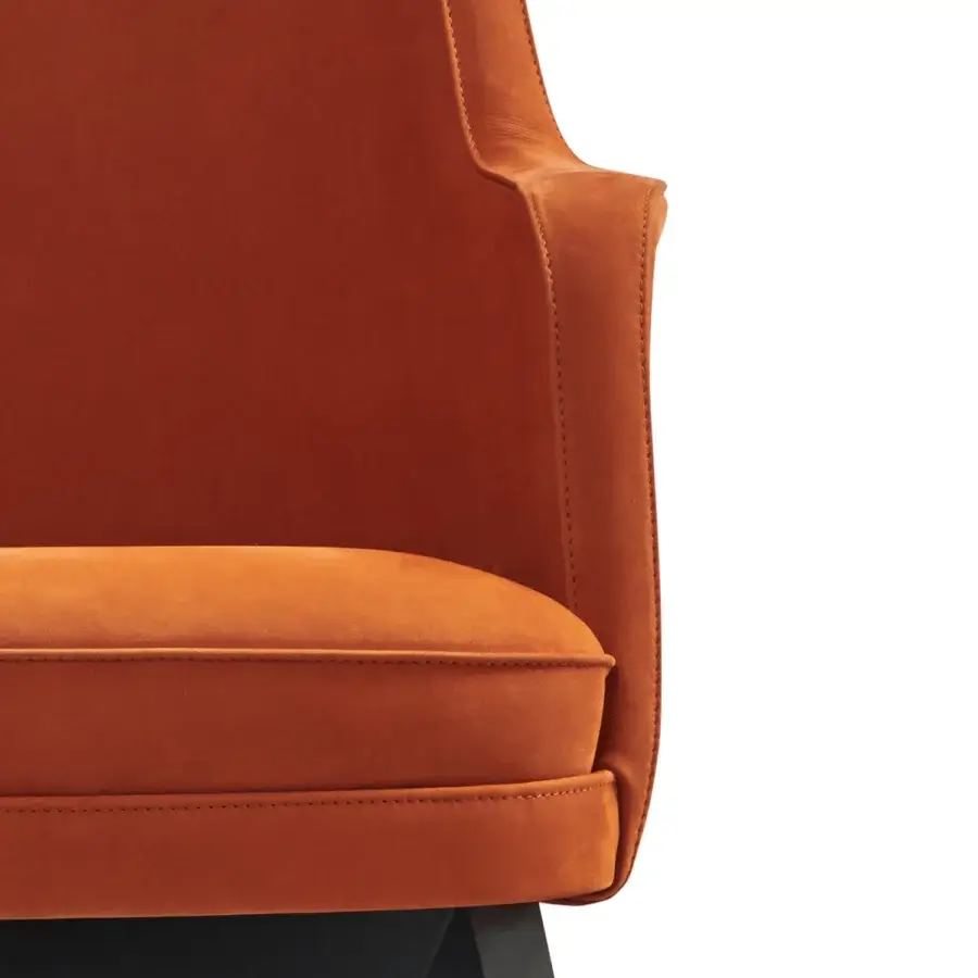 Superior Mascheroni Gemma Base armchair in soft-sheen reddish-orange velvet textile with a contrasting dark base