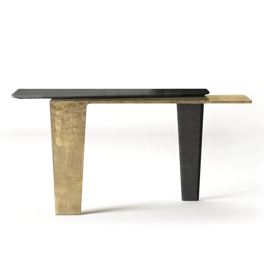 Elegant Visionnaire Lego console in interlocking volumes of eroded matte black concrete and undulating gold-toned hand-polished aluminum