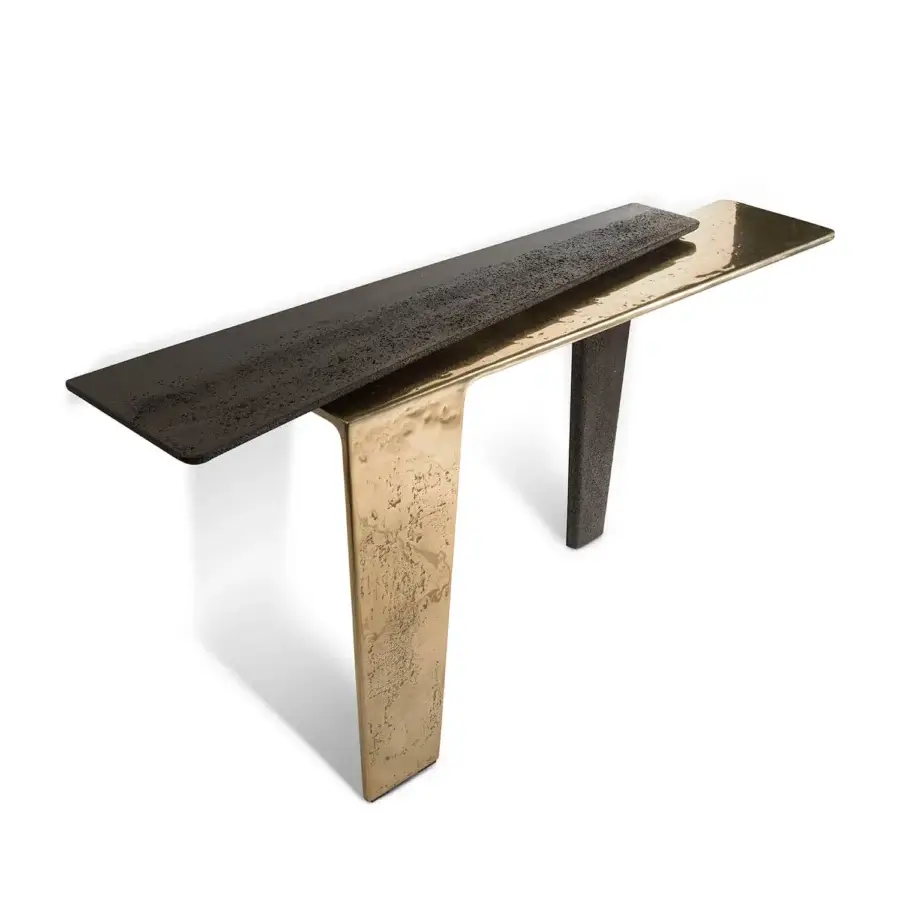 Exceptional Visionnaire Lego console crafted with eroded matte black concrete and undulating golden hand-polished sand-cast aluminum finish