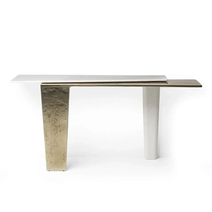 Distinguished Visionnaire Lego console crafted in reinforced concrete and hand-polished sand-cast aluminum with a muted silver-grey finish