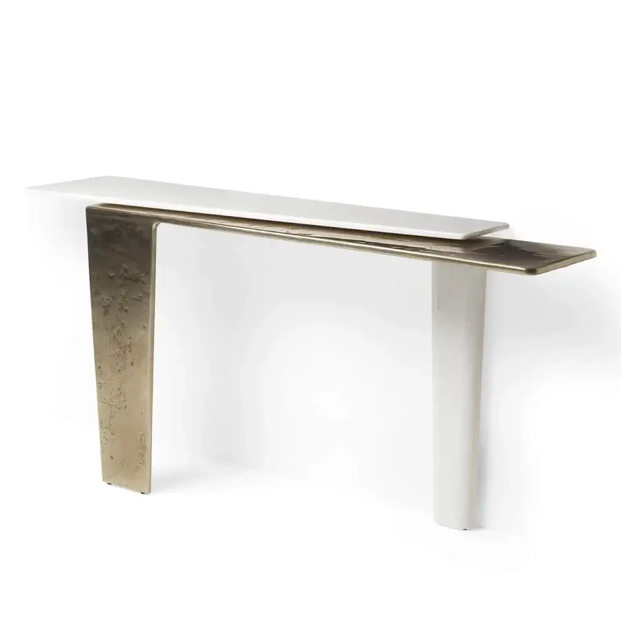Superior Visionnaire Lego console built in undulating matte black concrete and light-toned stone with hand-polished pigmented aluminum