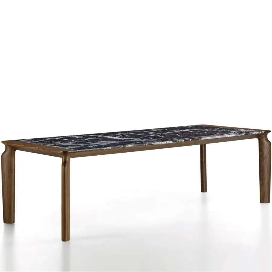 Exceptional Porada Amphora table crafted with solid Canaletta walnut and a striking dark veined marble tabletop in satin finish