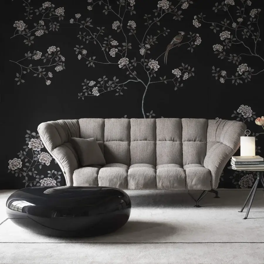 Distinctive Driade Koishi ottoman with muted gray woven fabric and quilted, subtly textured matte finish