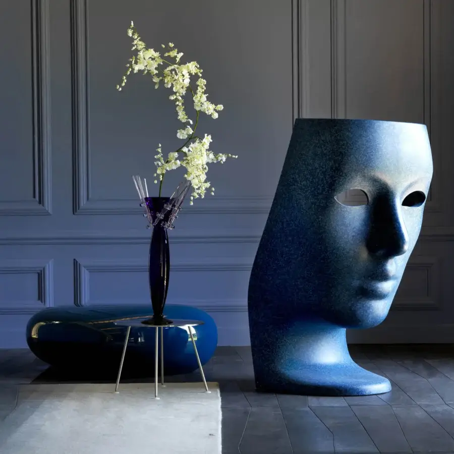 Distinguished Driade Koishi ottoman shaped as a stylized head with saturated blue polypropylene copolymer and satin finish
