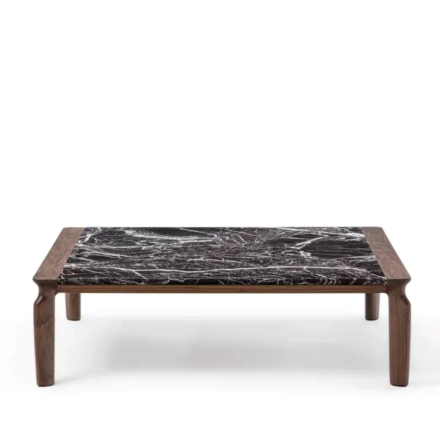 Sophisticated Porada Askos coffee table with a square marble top and satin Canaletta walnut frame
