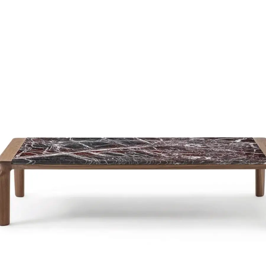 Distinguished Porada Askos coffee table with a rectangular marble top and solid Canaletta walnut legs in a satin finish