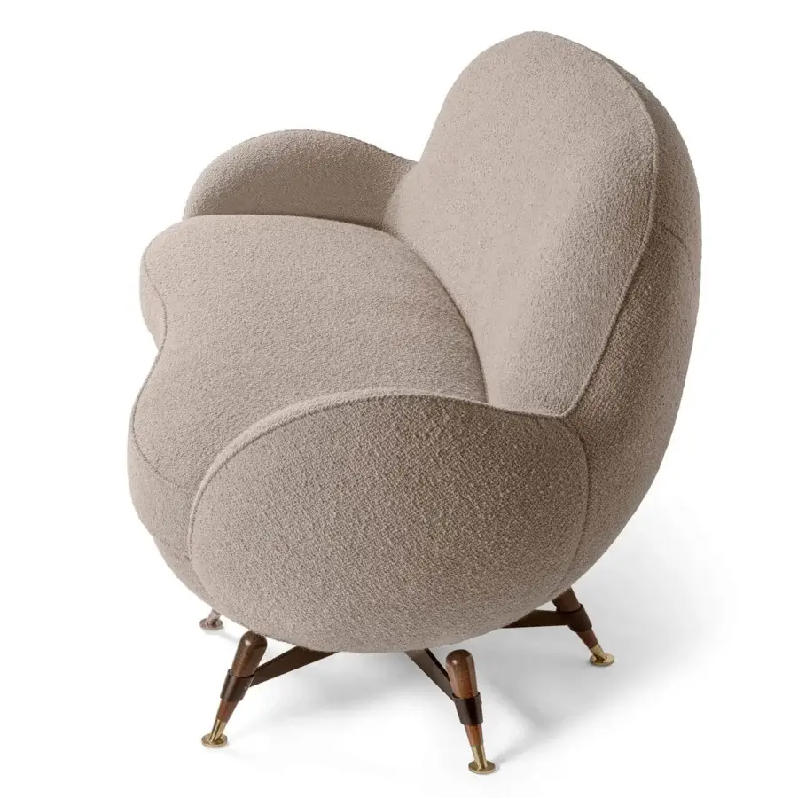 Captivating Visionnaire Mercury sofa upholstered in textured neutral beige stretch fabric with matte black steel bases and brass tips