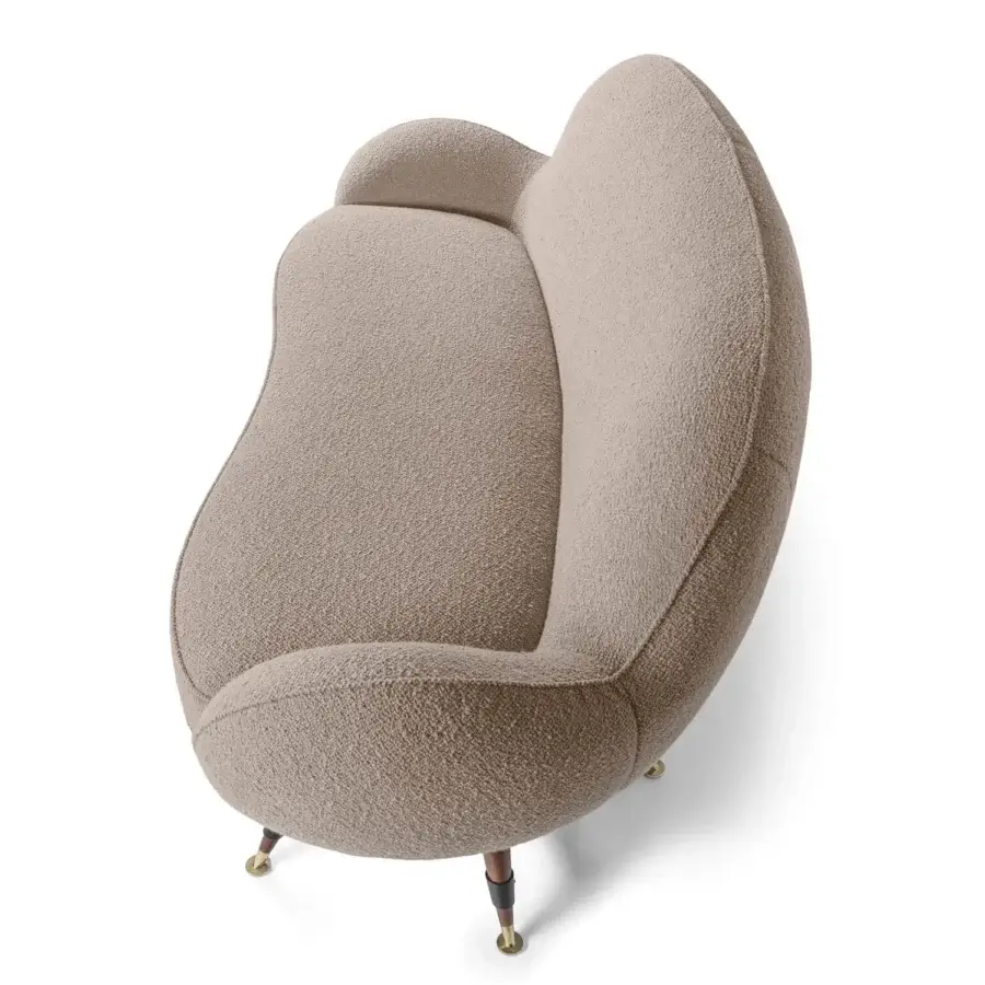 Exclusive Visionnaire Mercury sofa upholstered in textured matte beige stretch fabric with elegantly tapered wooden legs and brass tips