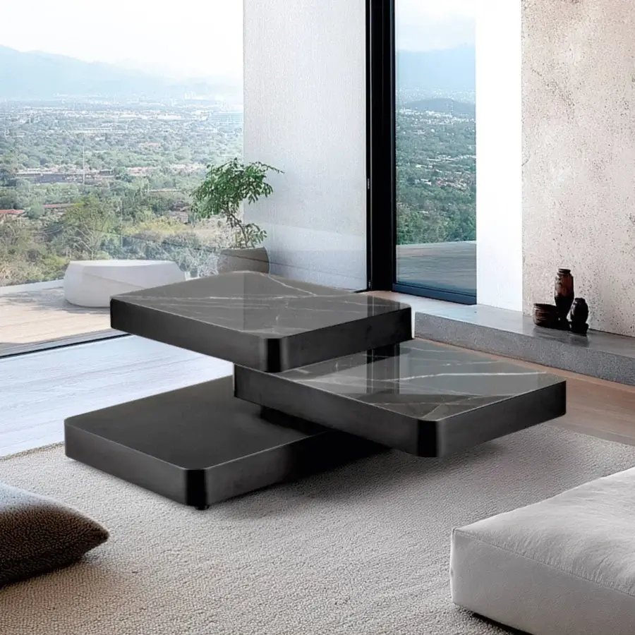 Superior Naos Aurum coffee table with dark gray ceramic top and painted frame exhibiting graceful layered form