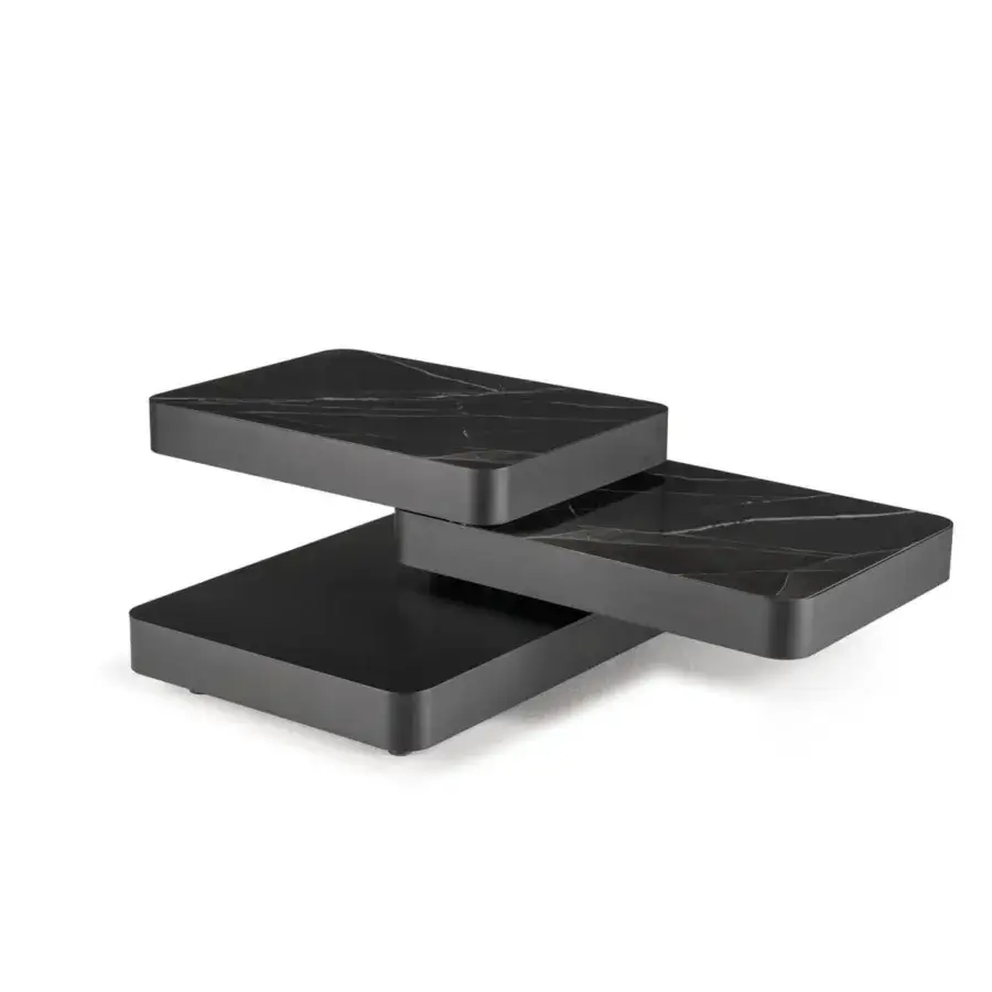 Superior Naos Aurum coffee table with black marble displaying white veining and a painted frame built for synchronized extension