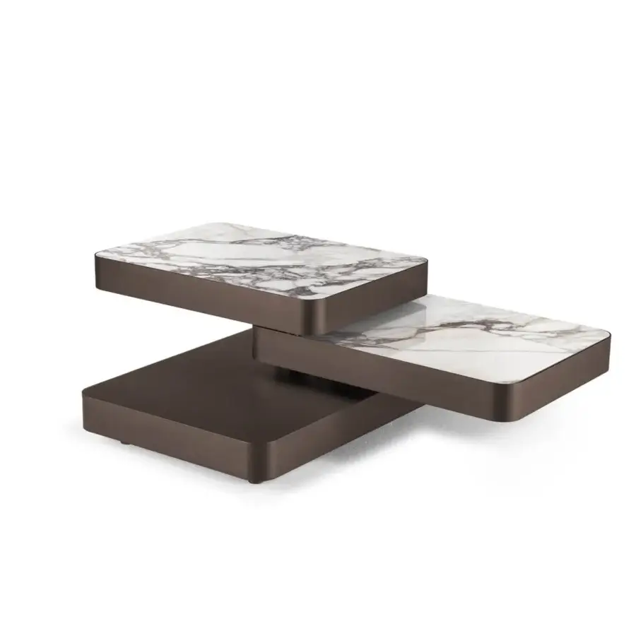 Exceptional Naos Aurum coffee table crafted with extendable ceramic tops displaying white and gray veining and dark bronze-toned metal bases