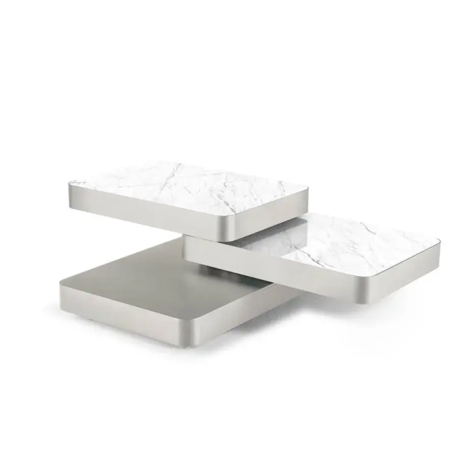 Distinguished Naos Aurum coffee table built with extendable ceramic tops and painted frame displaying a polished marble-like finish